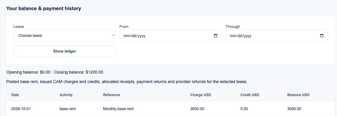 Actual PropertyOmni tenant ledger: sample opening and closing balances, date filters and base-rent charge